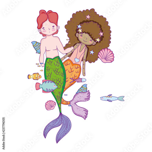 couple mermaids undersea scene