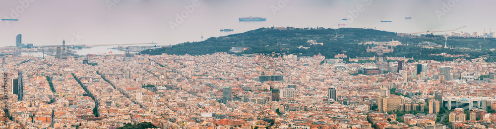 Barcelona, Spain. Panoramic View Of City Cityscape From Mountain