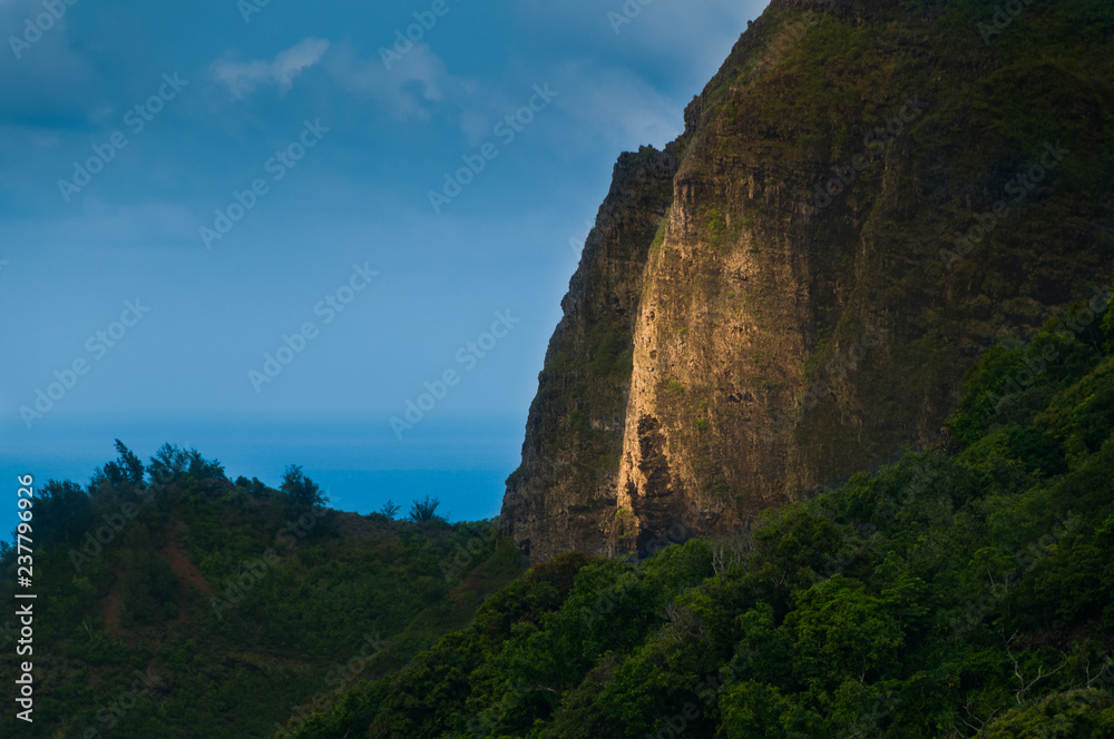 Foreboding stone cliff wall on  the island of Kauai, Hawaii, USA