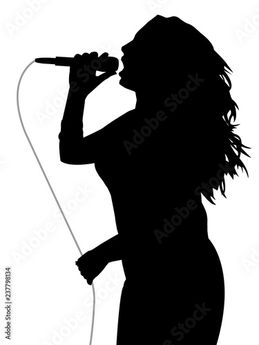 Woman singer holding a microphone with gray cable and singing loud