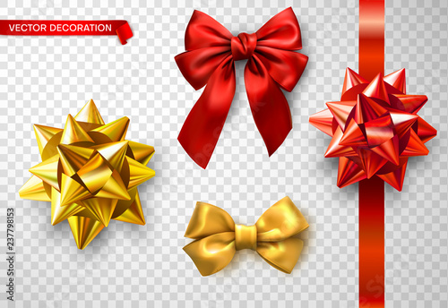 Set of red and golden satin 3d bows isolated on transparent background.