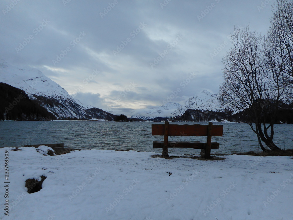 Sils Maria, Lake, Engadina, Switzerland with snow in winter