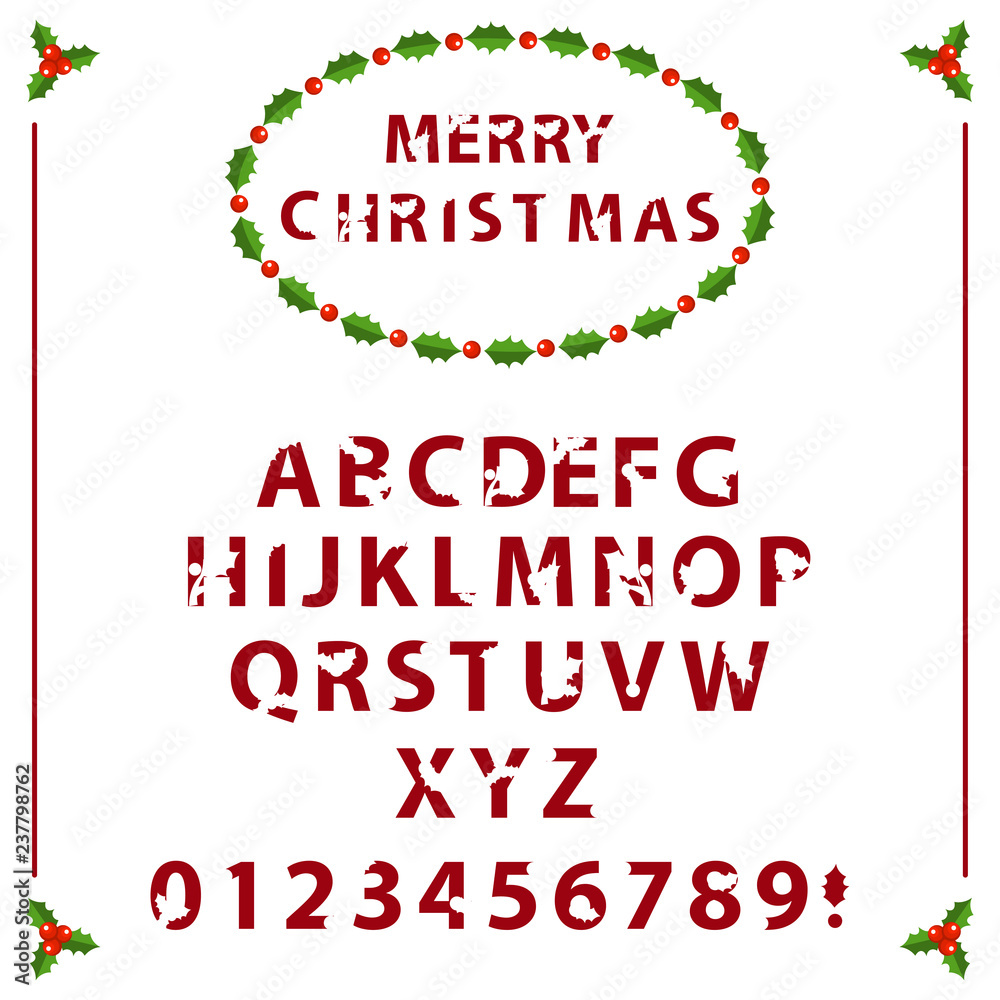 Font with Merry Christmas objects mistletoe.Vector illustration