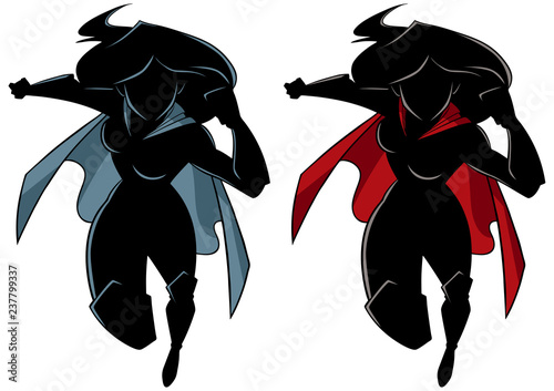 Full length silhouette illustration of powerful and muscular superheroine running fast and isolated on white background for copy space.