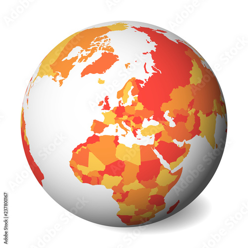 Blank political map of Europe. 3D Earth globe with orange map. Vector illustration.