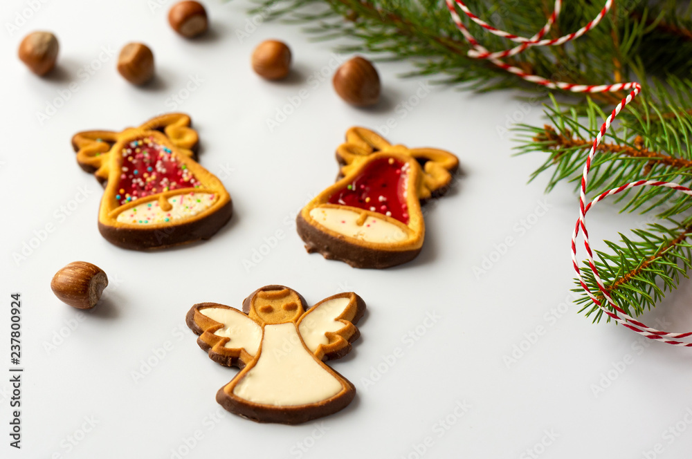 Christmas Gingerbread with decoration on white background Christmas Gingerbread with decoration on white background