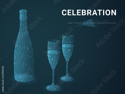 Abstract modern business background vector depicting celebration with stars and lines in shape of a champagne with two glasses on blue background.