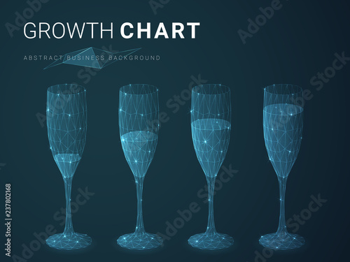 Abstract modern business growing chart with stars and lines in shape of increasingly full champagne glasses on blue background.