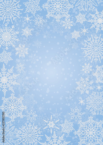 Light blue winter, stylized frame and background with snowflakes and stars. Vector illustration that can be used during holidays or on a card, invitation or new year. Flying border with snow elements.