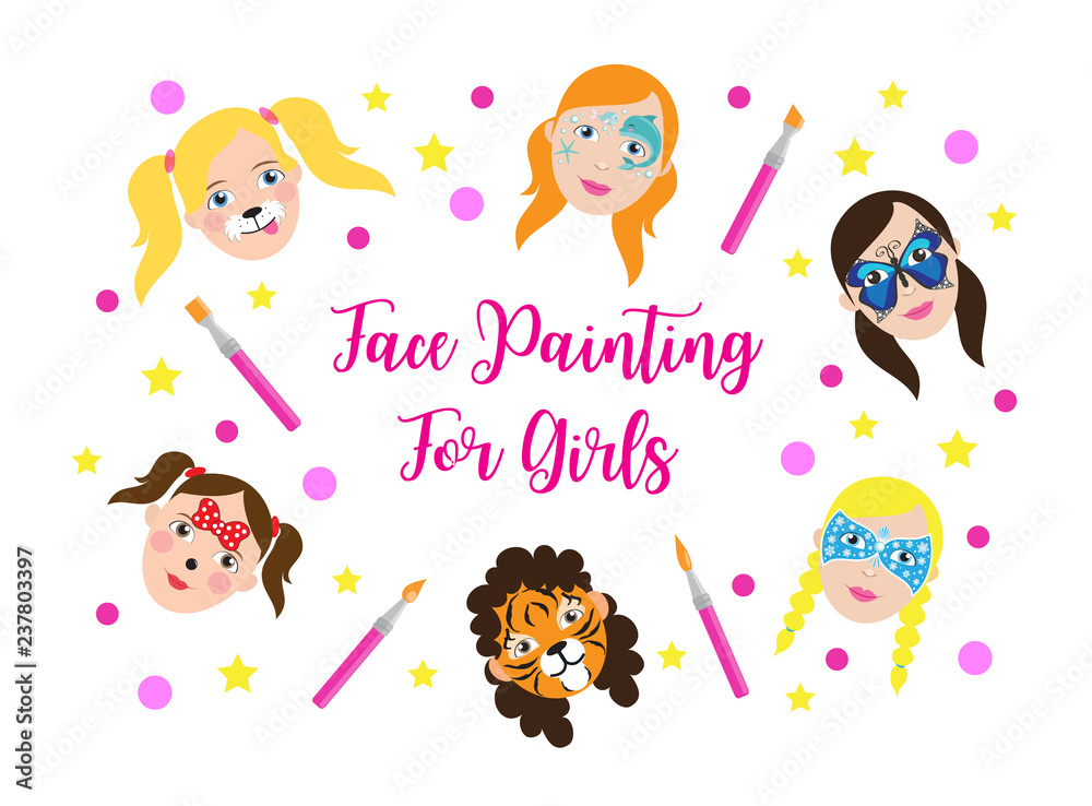 Face painting for kids girls collection. set of icons in cartoon flat style for banner, poster. children's holiday background. Vector illustration.