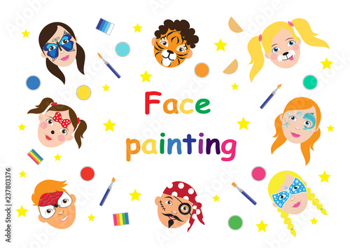 Face painting for kids collection. set of icons in cartoon flat style for banner, poster. children's holiday background. Vector illustration