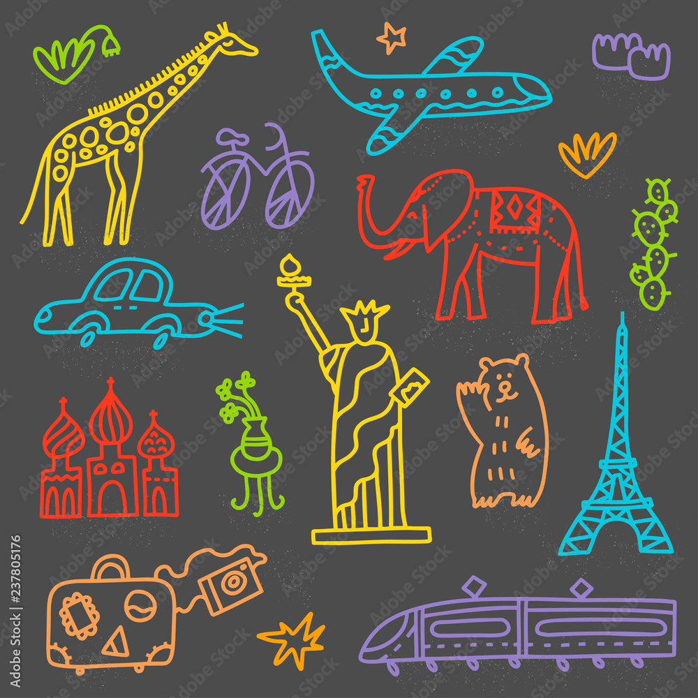 Travel set with lettering. Hand drawn vector illustration. Doodle style. Popular world symbols of tourism and traveling