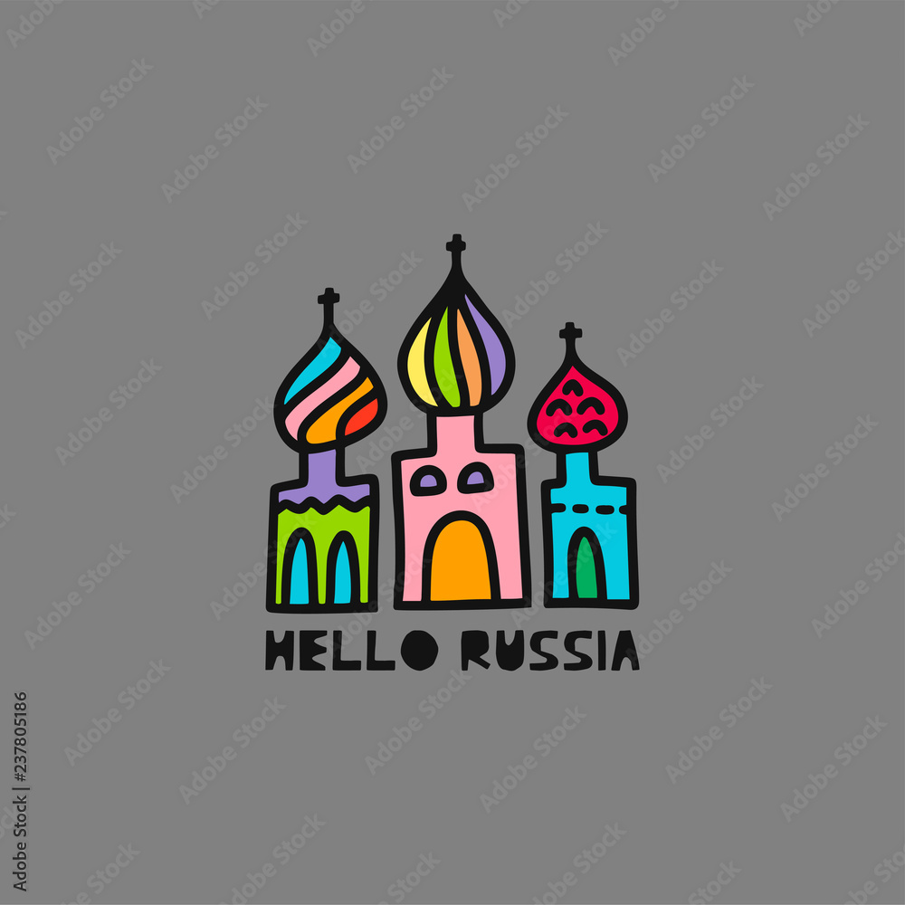 Travel card concept with cathedral and text 'hello Russia' Doodle style.