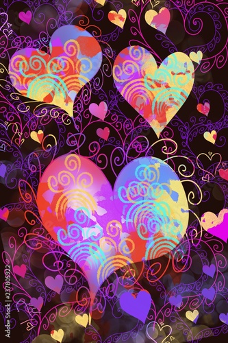 Fun Colorful Hawaiian Tropical Hippie retro 70's, 80's, Hearts and flowers, valentine, love, balloons flying hearts background