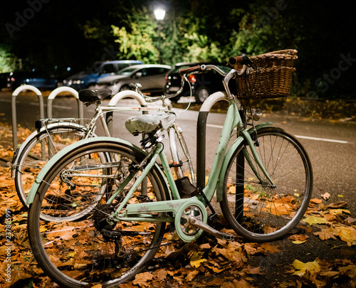 Two vintage bicycles pearked near park on a cold fall night #237805991