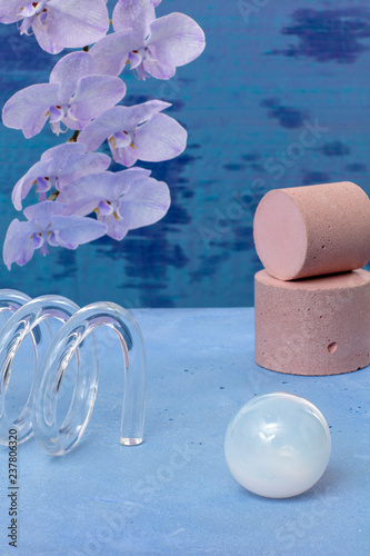 Flower with sponge, vase and soap on table
