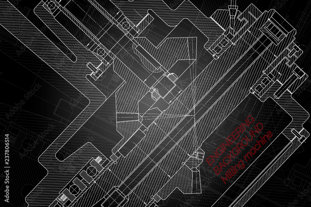 Mechanical engineering drawings on black background. Milling machine spindle. Technical Design. Cover.
