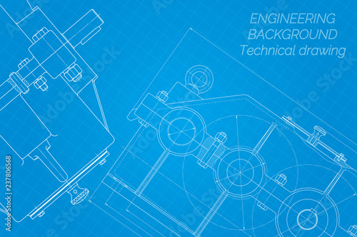 Mechanical engineering drawings on blue background. Reducer. Technical Design. Cover. Blueprint. Vector illustration.