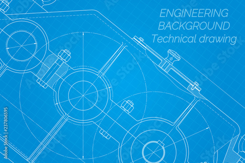 Mechanical engineering drawings on blue background. Reducer. Technical Design. Cover. Blueprint. Vector illustration.