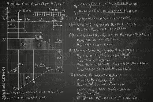 Strength of materials formulas drawn by hand on the black chalkboard for the background. Vector illustration.