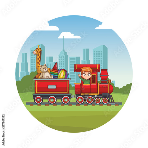 Kid riding train cartoon