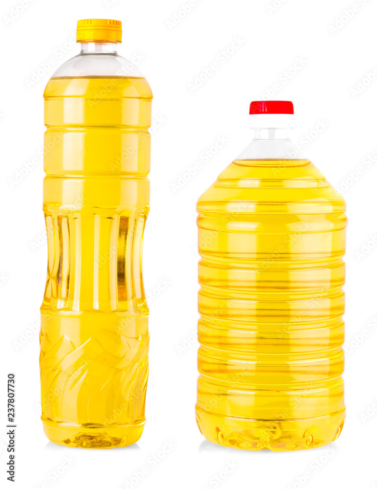 The bottles of sunflower oil isolated on white The bottles of sunflower oil isolated on white