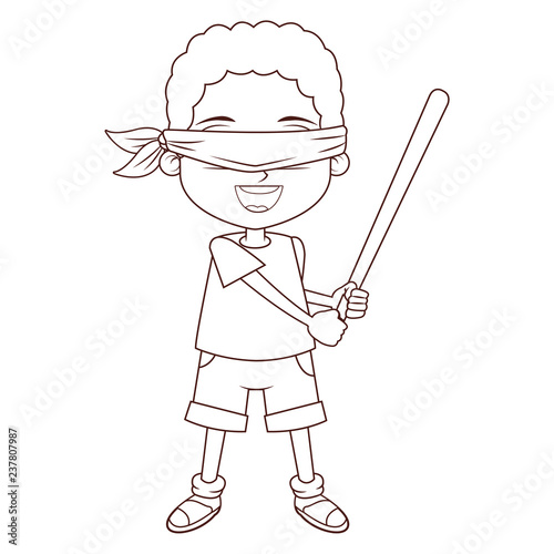 Boy blindfolded with bat in black and white