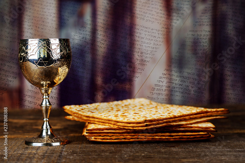 A Jewish Matzah bread with wine. Passover holiday concept