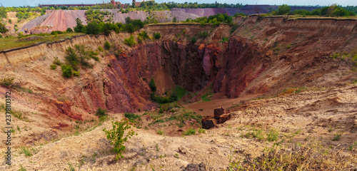 Ground collapse area at the daylight. A sand ground breed. Iron ore breed technogenic landscape. Collapse sinkholes in Ukraine, Kriviy Rih city photo