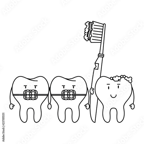 cartoon dental care teeth black and white