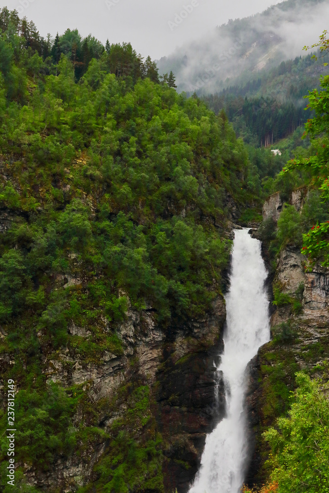 Amazing view of a wonderfull waterfall seen from Stalheimskleiva road, north of Voss village in the region of Hordaland, Norway.