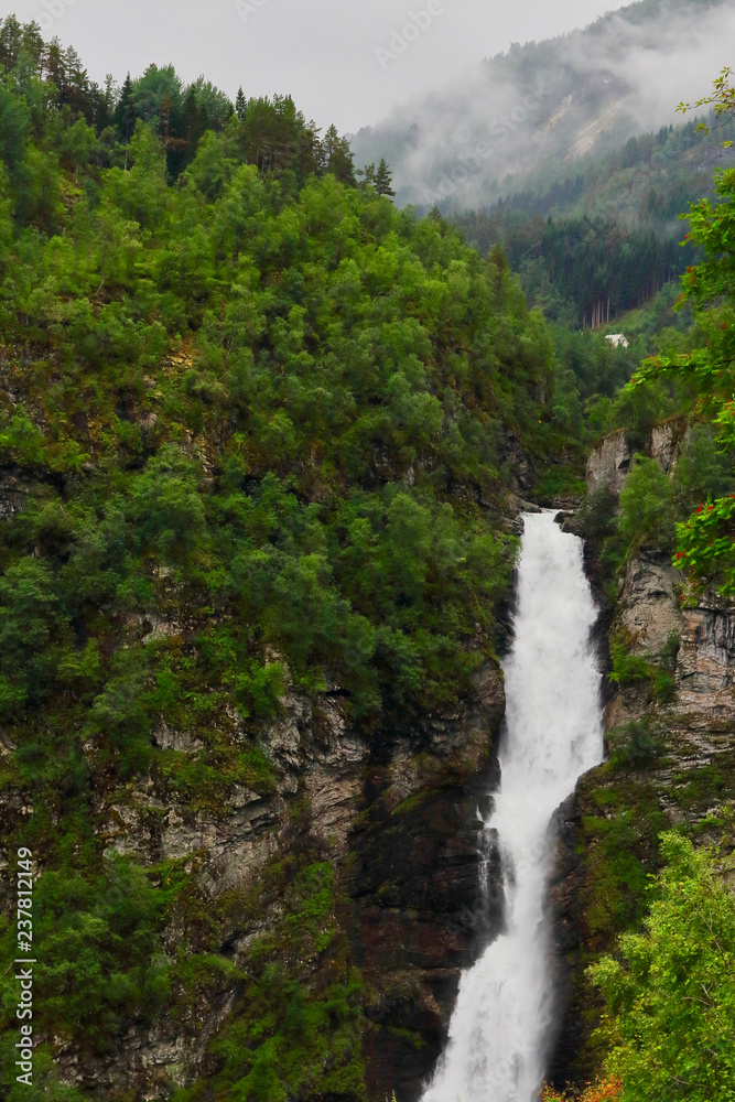 Amazing view of a wonderfull waterfall seen from Stalheimskleiva road, north of Voss village in the region of Hordaland, Norway. Amazing view of a wonderfull waterfall seen from Stalheimskleiva road, north of Voss village in the region of Hordaland, Norway.