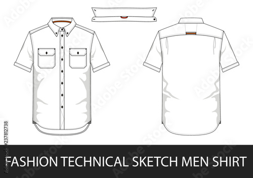 Fashion technical sketch men shirt with short sleeves and patch pockets in vector.