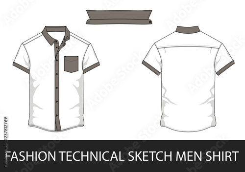 Fashion technical sketch men shirt with short sleeves and patch pockets in vector.