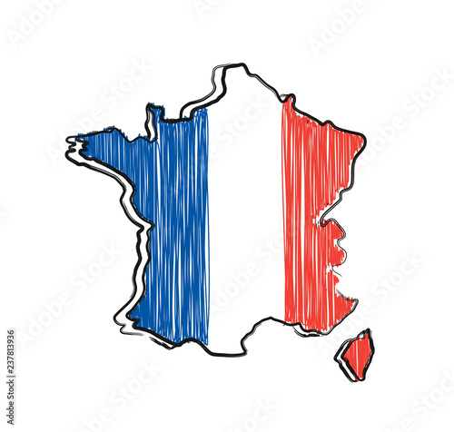 France map and flag in sketch hand 