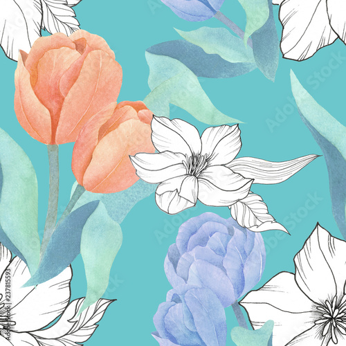 seamless watercolor background mix colorful floral flower and leaves with line art used for background texture, wrapping paper, textile or wallpaper design