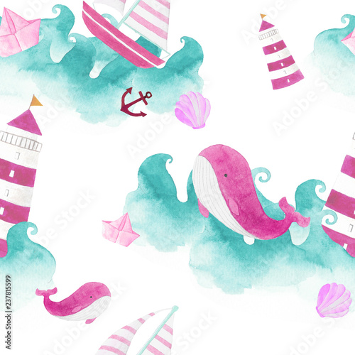 seamless watercolor hand draw background mix sea elements sea wave sailboat  Whale lighthouse anchor shellfish