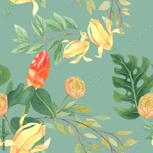 seamless watercolor background mix colorful floral flower and leaves with line art used for background texture, wrapping paper, textile or wallpaper design