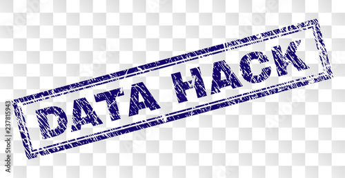 DATA HACK stamp seal print with rubber print style and double framed rectangle shape. Stamp is placed on a transparent background. Blue vector rubber print of DATA HACK label with grunge texture.