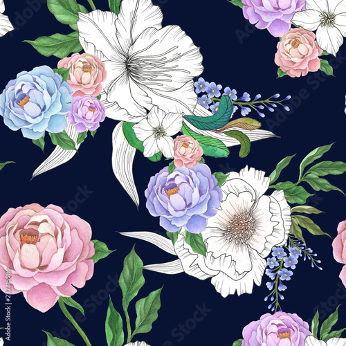 seamless watercolor background mix colorful floral flower and leaves with line art used for background texture, wrapping paper, textile or wallpaper design