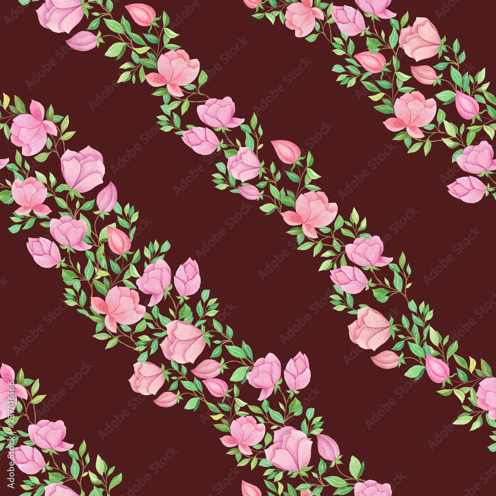 seamless watercolor background pink floral flower and leaves  used for background texture, wrapping paper, textile or wallpaper design