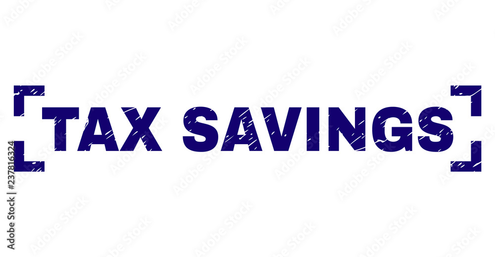 TAX SAVINGS title seal print with grunge effect. Text title is placed inside corners. Blue vector rubber print of TAX SAVINGS with grunge texture.