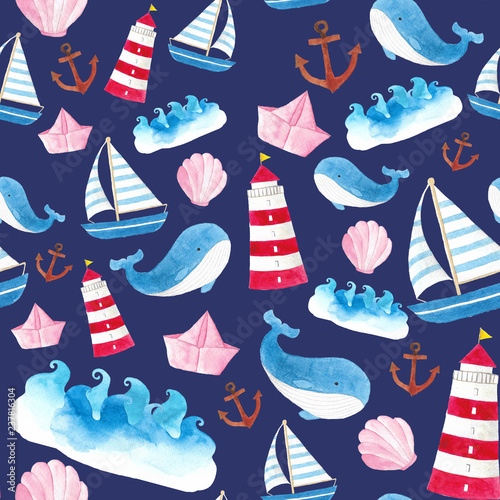seamless watercolor hand draw background mix sea elements sea wave sailboat  Whale lighthouse anchor shellfish