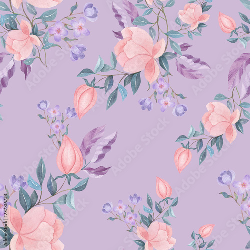 seamless watercolor background mix colorful floral flower and leaves with line art used for background texture, wrapping paper, textile or wallpaper design