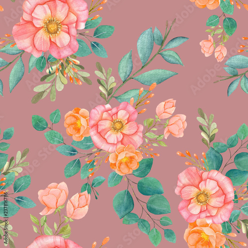 seamless watercolor background mix colorful floral flower and leaves with line art used for background texture, wrapping paper, textile or wallpaper design