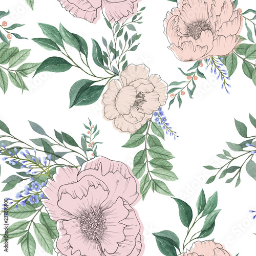 seamless watercolor background mix colorful floral flower and leaves with line art used for background texture, wrapping paper, textile or wallpaper design