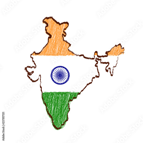 India map and flag in sketch hand drawn 