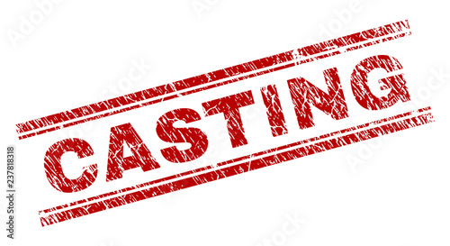CASTING seal watermark with grunge texture. Red vector rubber print of CASTING text with dust texture. Text caption is placed between double parallel lines.