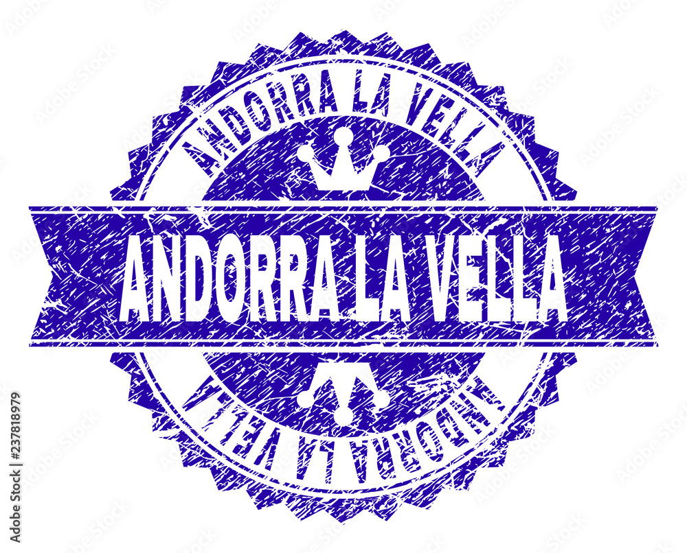 ANDORRA LA VELLA rosette seal imprint with grunge style. Designed with round rosette, ribbon and small crowns. Blue vector rubber watermark of ANDORRA LA VELLA tag with grunge texture. ANDORRA LA VELLA rosette seal imprint with grunge style. Designed with round rosette, ribbon and small crowns. Blue vector rubber watermark of ANDORRA LA VELLA tag with grunge texture.