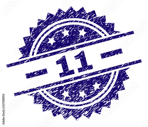 11 stamp seal watermark with distress style. Blue vector rubber print of 11 caption with dust texture.
